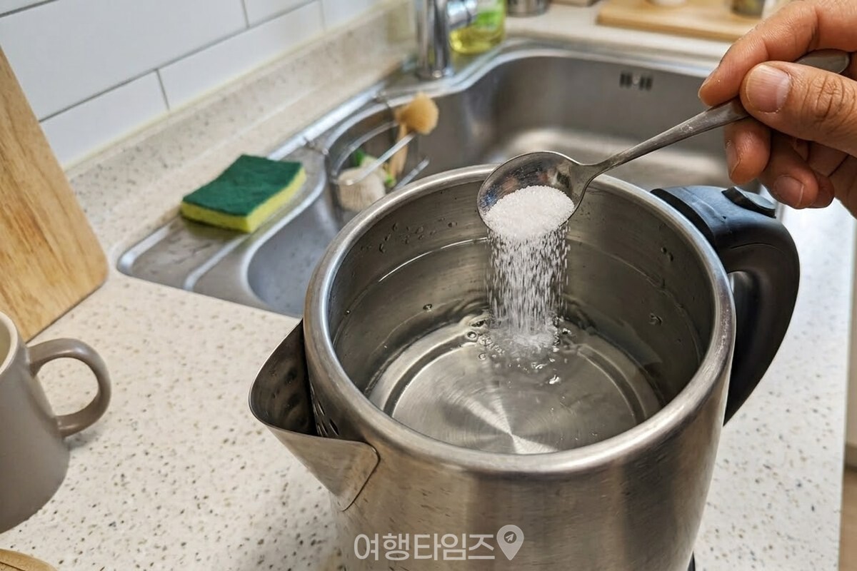 물을 절반쯤 채운 전기포트에 구연산 한 스푼을 털어 넣고 있다. / 기사 이해를 돕기 위한 생성형 이미지