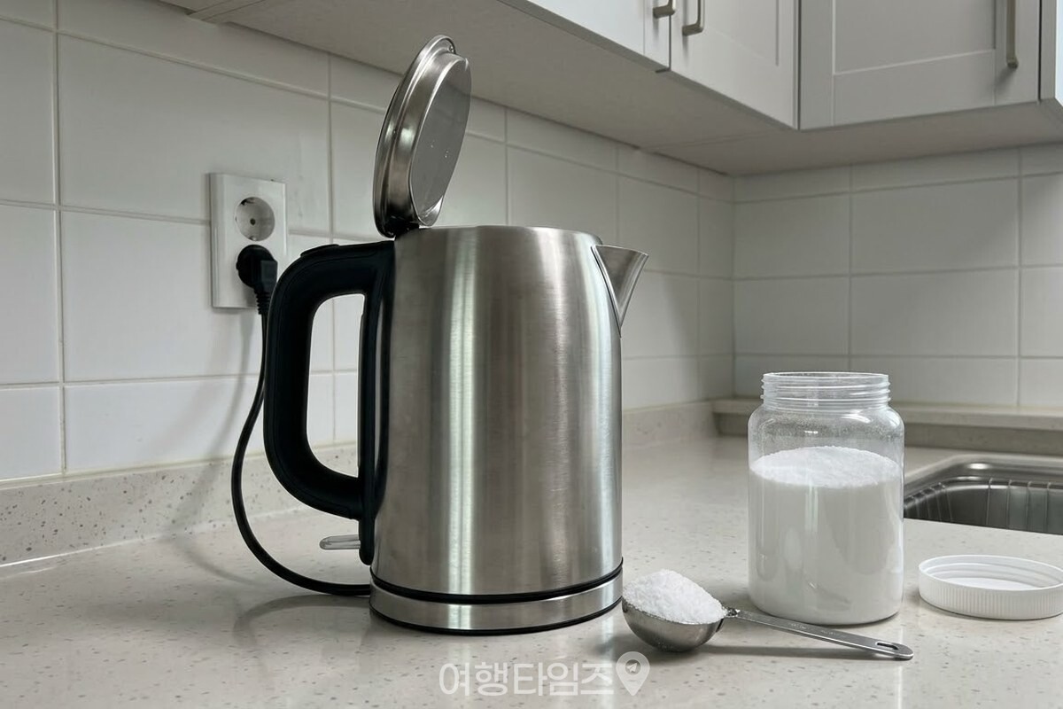 흰 타일 주방 조리대에 놓인 스테인리스 전기포트의 뚜껑이 열려 있고 그 옆에 구연산 가루를 담은 숟가락이 놓여 있다. / 기사 이해를 돕기 위한 생성형 이미지