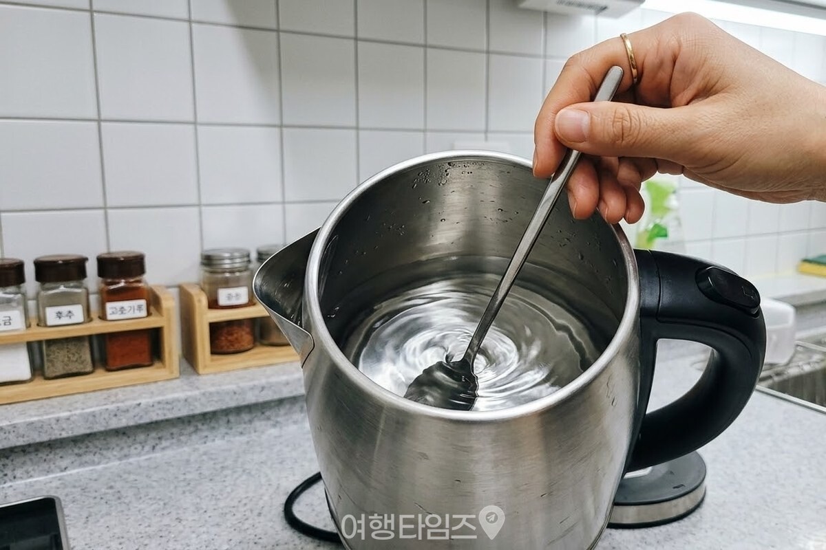 긴 숟가락으로 전기포트 안의 물을 저어 구연산 가루를 녹이고 있다. / 기사 이해를 돕기 위한 생성형 이미지