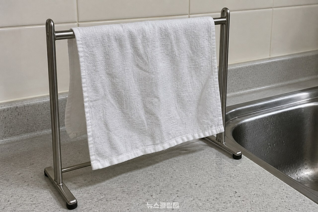 걸이에 펼쳐 널어둔 면 행주 / 기사 이해를 돕기 위한 생성형 이미지