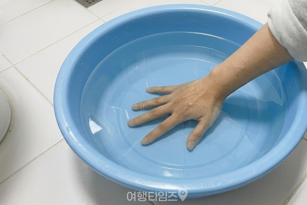 대야에 받은 맑은 물에 손등을 담가 온도를 확인하고 있다. / 기사 이해를 돕기 위한 생성형 이미지