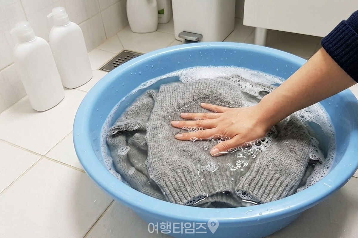 펼친 손바닥으로 물에 잠긴 니트를 위에서 지그시 누르고 있다. / 기사 이해를 돕기 위한 생성형 이미지