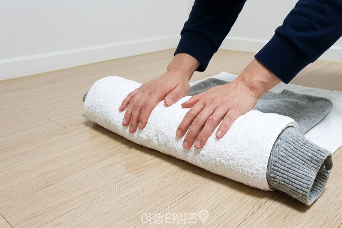 마른 흰 수건 위에 펼쳐 놓은 니트를 수건째 돌돌 말아 두 손으로 누르고 있다. / 기사 이해를 돕기 위한 생성형 이미지