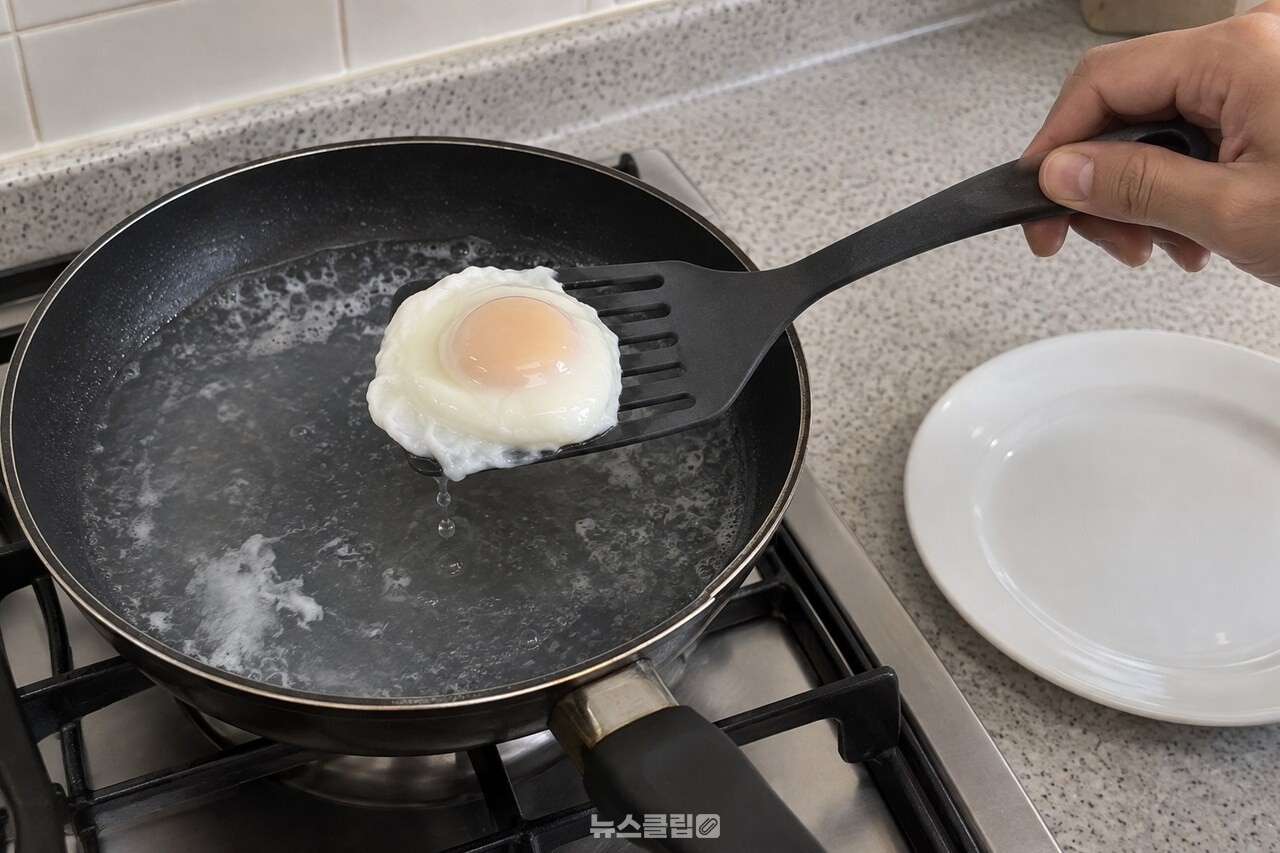 물기를 빼고 뒤집개로 받친 계란 / 기사 이해를 돕기 위한 생성형 이미지