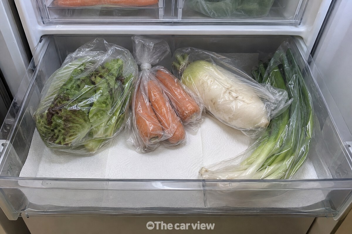 키친타월을 깔고 채소를 봉지째 올려 둔 냉장고 야채칸 / 기사 이해를 돕기 위한 생성형 이미지