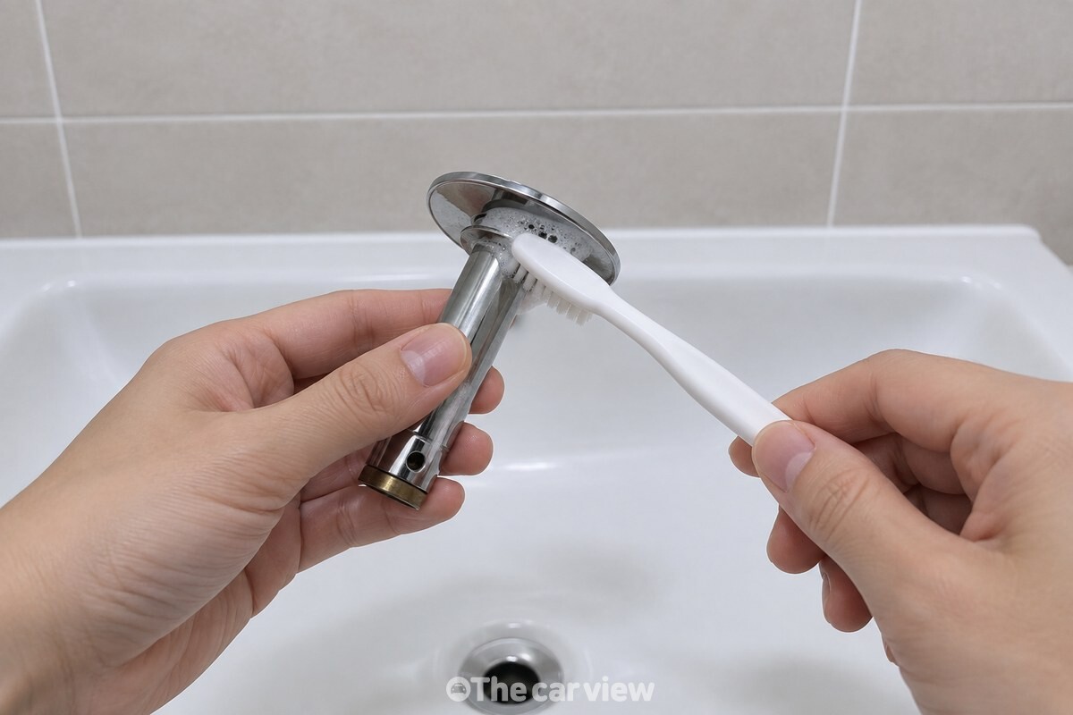 빼낸 팝업 마개의 아랫면과 축이 만나는 홈을 칫솔로 문지르는 손. / 기사 이해를 돕기 위한 생성형 이미지