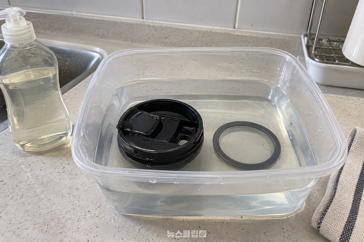 세척물에 뚜껑과 고무 패킹을 함께 담가 둔 모습 / 기사 이해를 돕기 위한 생성형 이미지