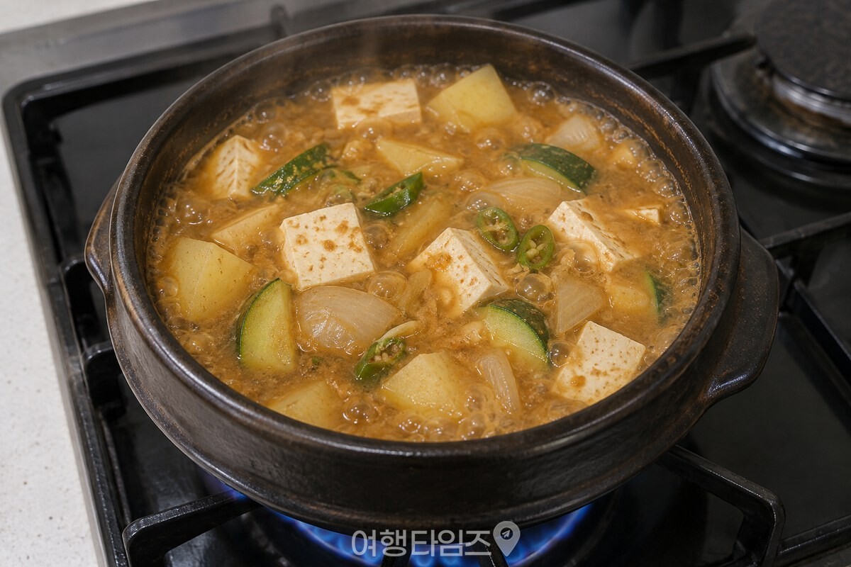 토마토를 넣기 전 두부와 채소가 익은 된장찌개 / 기사 이해를 돕기 위한 생성형 이미지