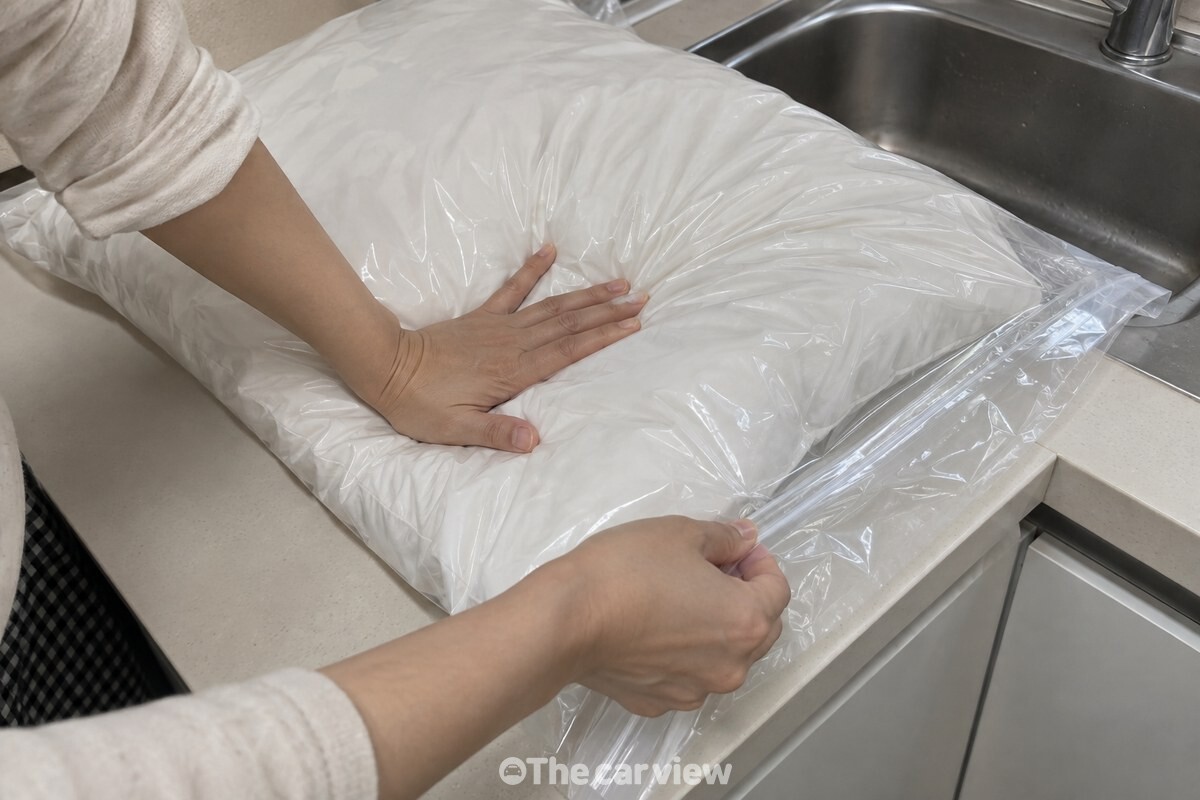 비닐팩 속 공기를 빼며 베개를 밀봉하는 모습 / 기사 이해를 돕기 위한 생성형 이미지