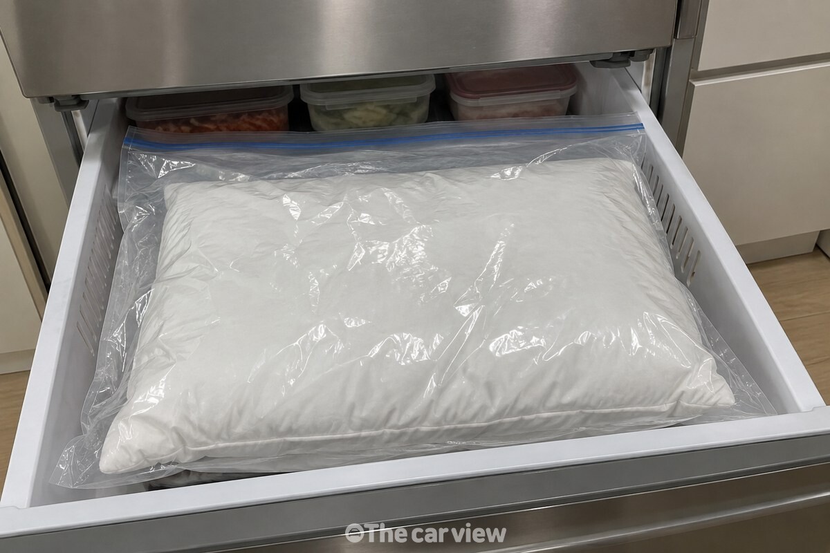 비닐팩에 밀봉한 베개를 냉동실 서랍에 넣은 모습 / 기사 이해를 돕기 위한 생성형 이미지