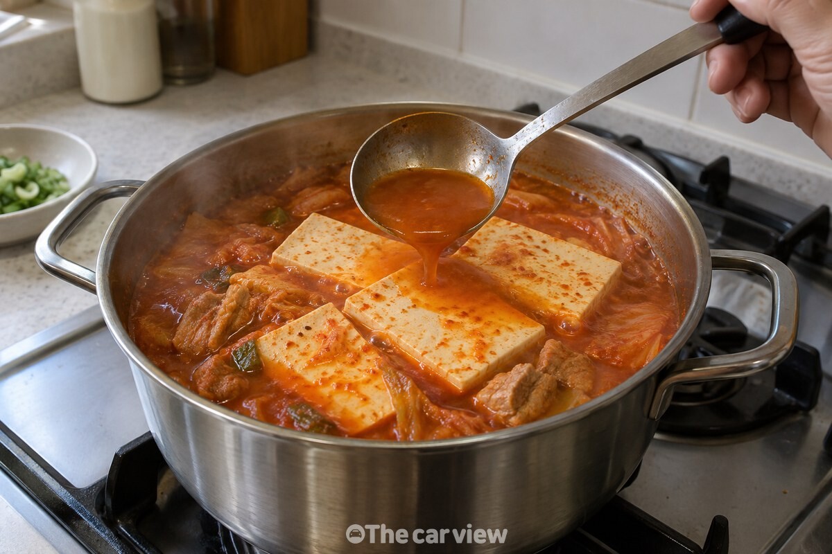 마지막에 넣은 두부에 국물을 끼얹으며 끓이는 김치찌개 / 기사 이해를 돕기 위한 생성형 이미지