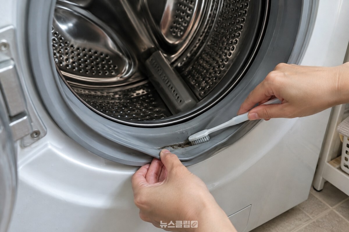 고무패킹 주름을 젖힌 뒤 칫솔로 안쪽을 짧게 문지르는 모습 / 기사 이해를 돕기 위한 생성형 이미지