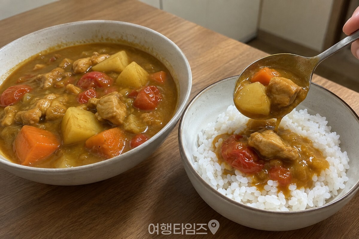 토마토가 부드럽게 익은 카레를 밥 위에 담아내는 모습 / 기사 이해를 돕기 위한 생성형 이미지