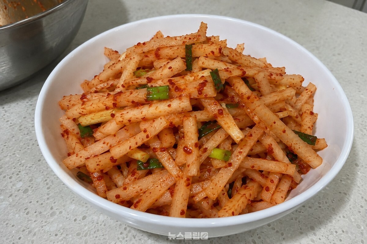 물기 없이 아삭하게 무친 무생채 완성 모습 / 기사 이해를 돕기 위한 생성형 이미지