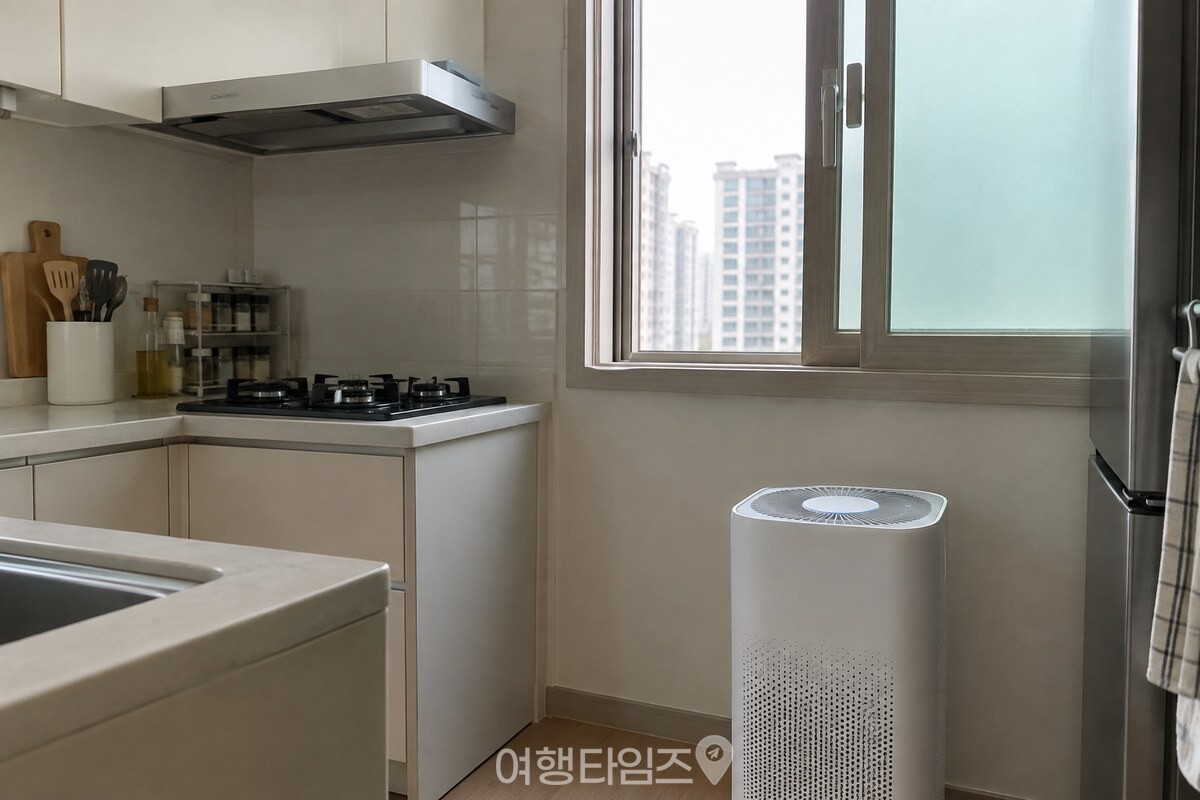 환기 뒤 공기청정기를 다시 켠 깨끗한 주방 / 기사 이해를 돕기 위한 생성형 이미지