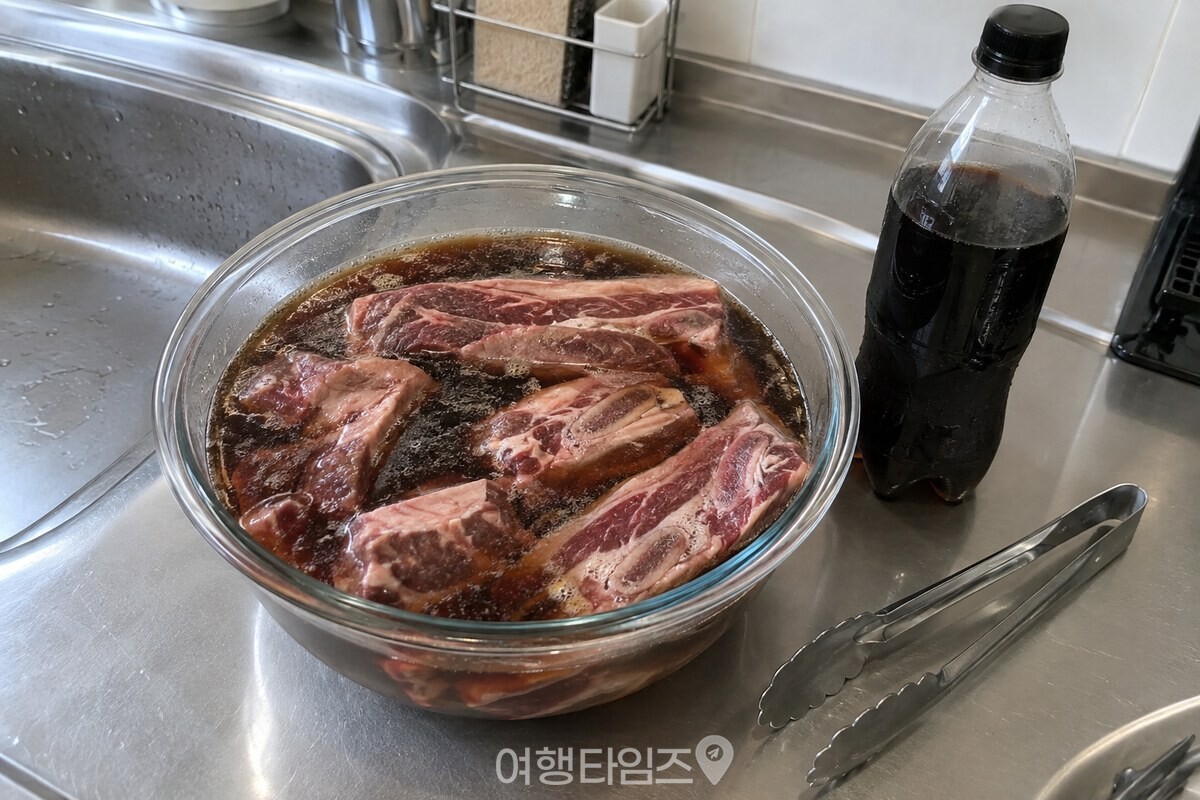 콜라에 갈비를 잠기게 담아 핏물을 빼는 모습 / 기사 이해를 돕기 위한 생성형 이미지