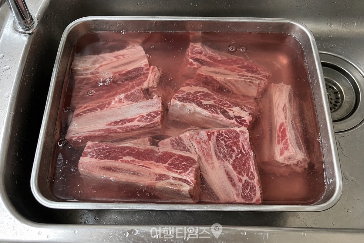 찬물에 담가 핏물을 빼는 일반적인 갈비 손질 모습 / 기사 이해를 돕기 위한 생성형 이미지