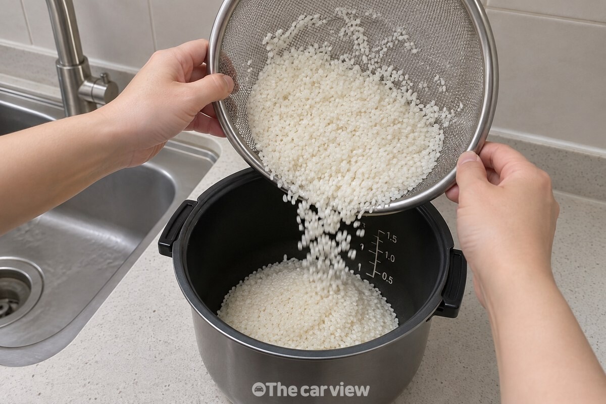 체에 밭쳐 물기를 뺀 쌀을 내솥으로 옮겨 담는 순간이다. / 기사 이해를 돕기 위한 생성형 이미지