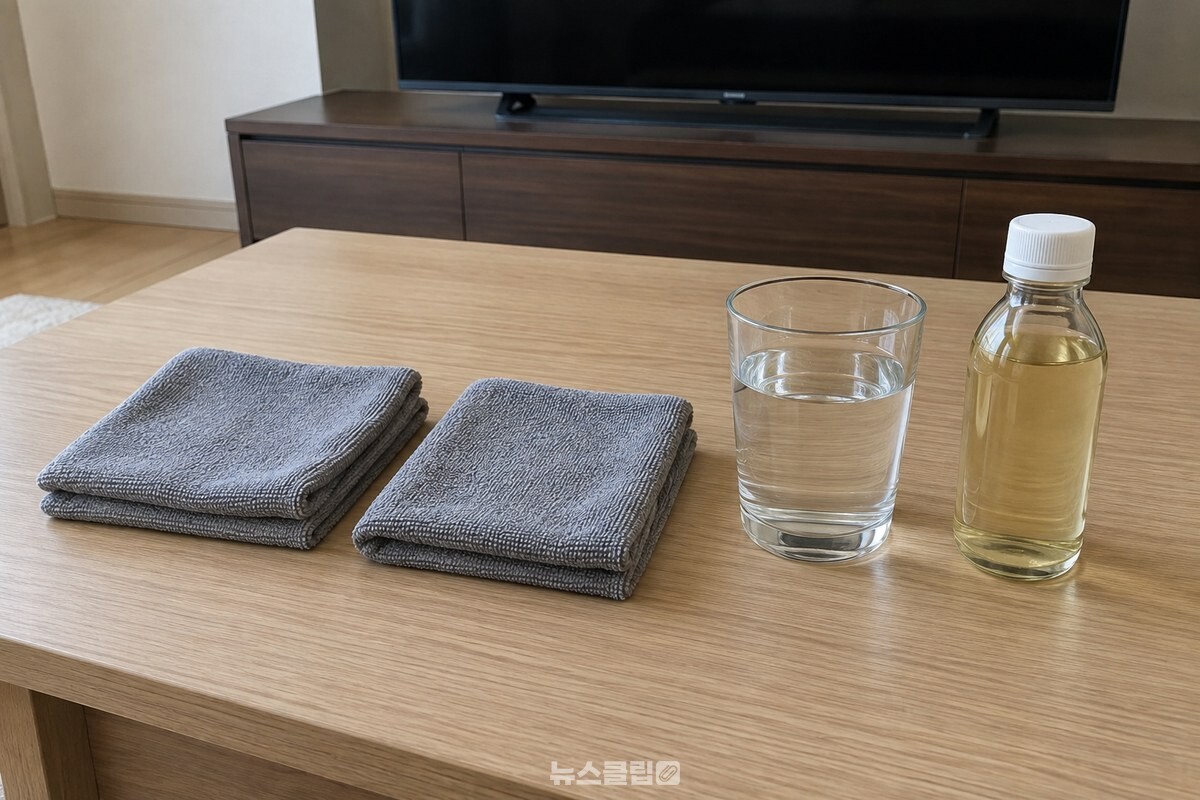 마른 극세사 천 두 장과 물을 담은 유리컵, 식초 병을 TV 앞 탁자에 나란히 올려 둔 준비물. / 기사 이해를 돕기 위한 생성형 이미지