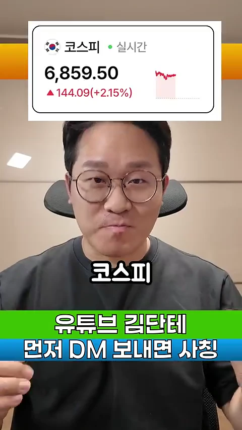 안경을 쓴 남성이 정면을 바라보고 있으며, 화면 상단에는 코스피 지수가 상승 중임을 나타내는 실시간 그래프가 표시되어 있고 하단에는 사칭 주의 문구가 자막으로 들어가 있다.