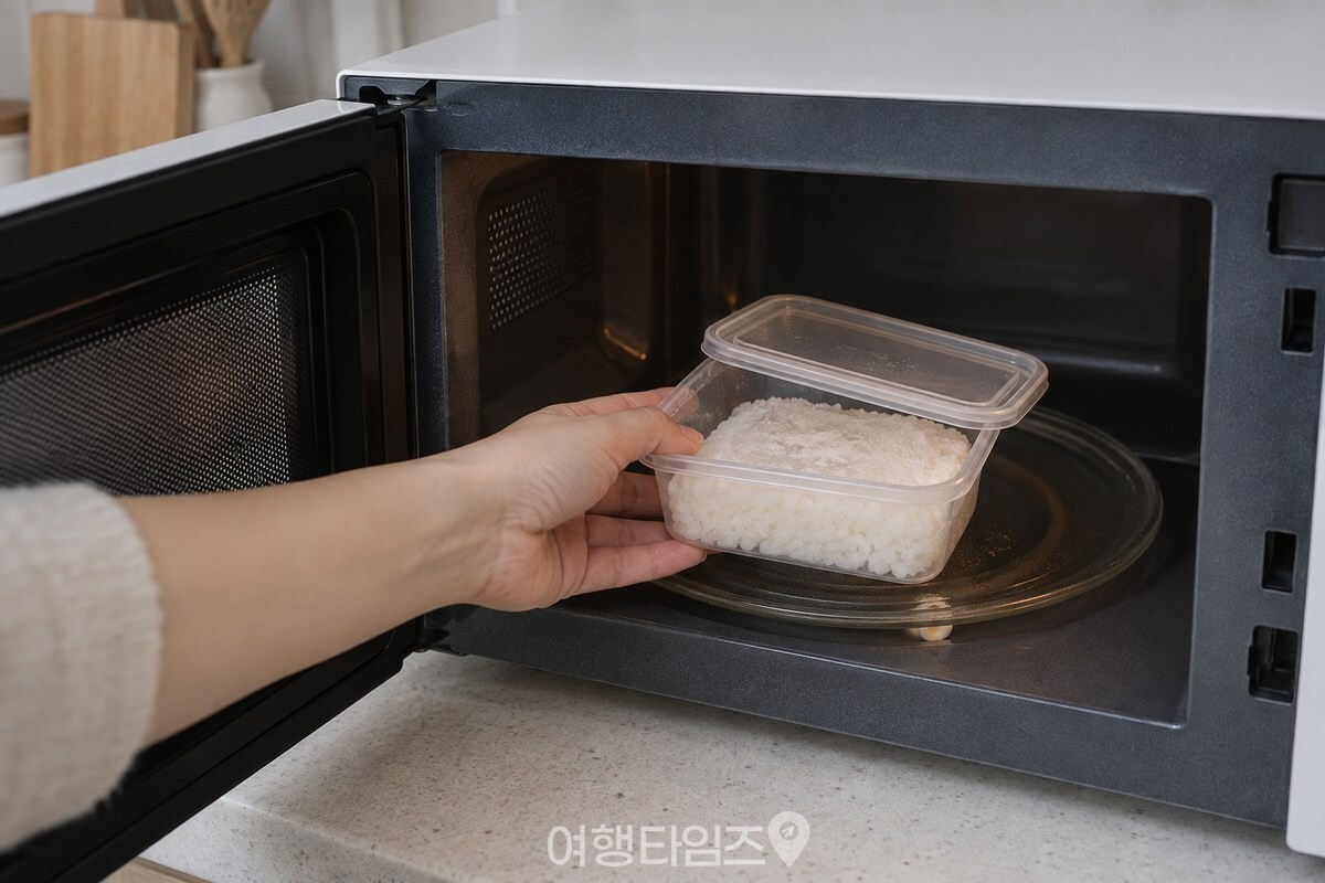 언 냉동밥을 뚜껑을 살짝 열어 전자레인지에 넣는 모습 / 기사 이해를 돕기 위한 생성형 이미지