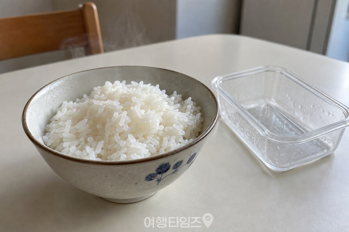 데운 뒤 김이 오른 밥과 비워진 한 끼분 용기 / 기사 이해를 돕기 위한 생성형 이미지