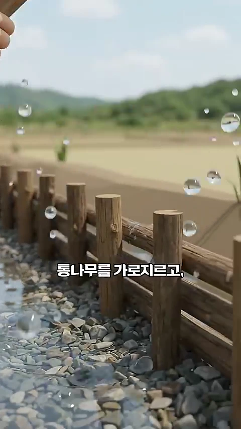나무 말뚝과 통나무를 가로질러 만든 보 구조물 주변에 물방울이 흩날리고 뒤편으로 들판이 보이는 모습