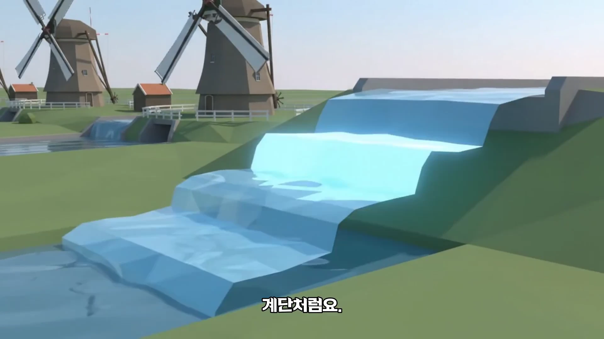 풍차들이 줄지어 서 있는 들판에서 계단식으로 물이 위로 퍼 올려지는 3D 그래픽 영상 장면이다.