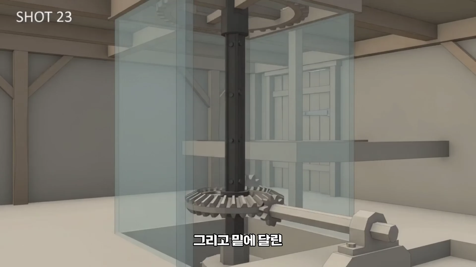 풍차 내부의 기계 장치를 보여주는 3D 그래픽으로, 수직 축에 맞물린 톱니바퀴가 중심에 위치해 있습니다.