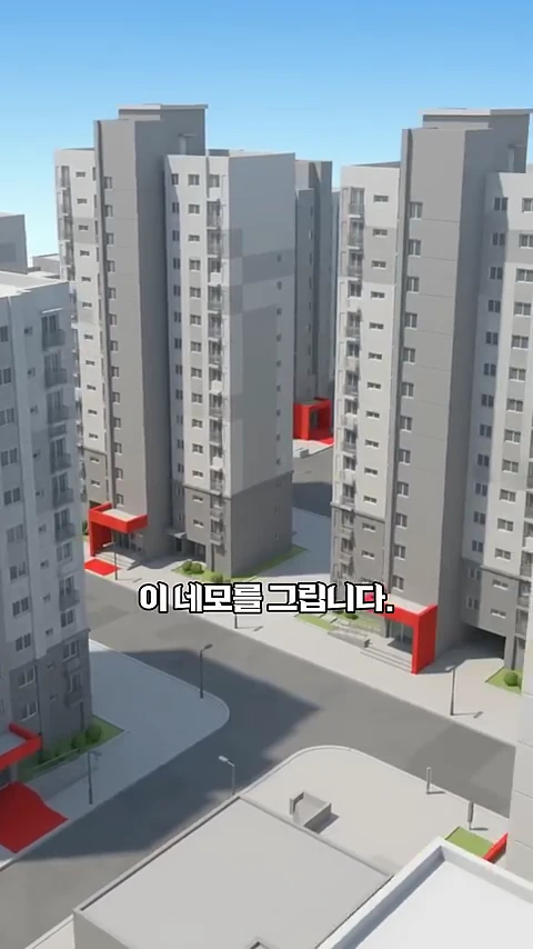 3D 그래픽으로 구현된 아파트 단지의 전경으로, 건물의 현관 입구가 붉은색으로 강조되어 있고 바닥에는 소방차 전용 구역을 나타내는 네모난 형태의 표시가 그려져 있습니다.