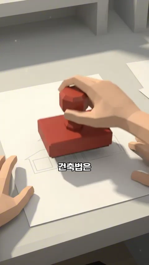 3D 애니메이션 스타일의 영상에서 사람의 손이 건축 도면 위에 빨간색 도장을 찍고 있는 모습