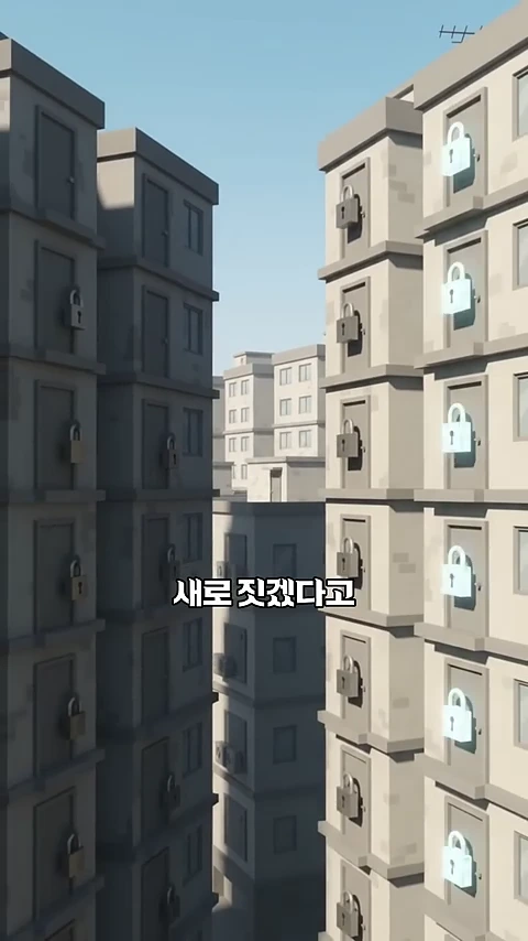 3D 애니메이션 스타일로 여러 아파트 건물의 문마다 자물쇠가 채워져 있는 모습이 그려져 있으며, 특정 건물에는 밝은 파란색 자물쇠 아이콘이 표시되어 있고 화면 중앙에는 '새로 짓겠다고'라는 문구가 쓰여 있습니다.