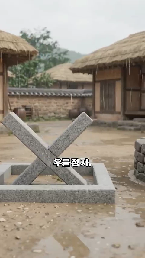 비가 내리는 전통 한옥 마당에 정자(井) 모양의 돌 조형물이 놓여 있고 옆으로 돌을 쌓아 올린 우물 입구가 보인다.