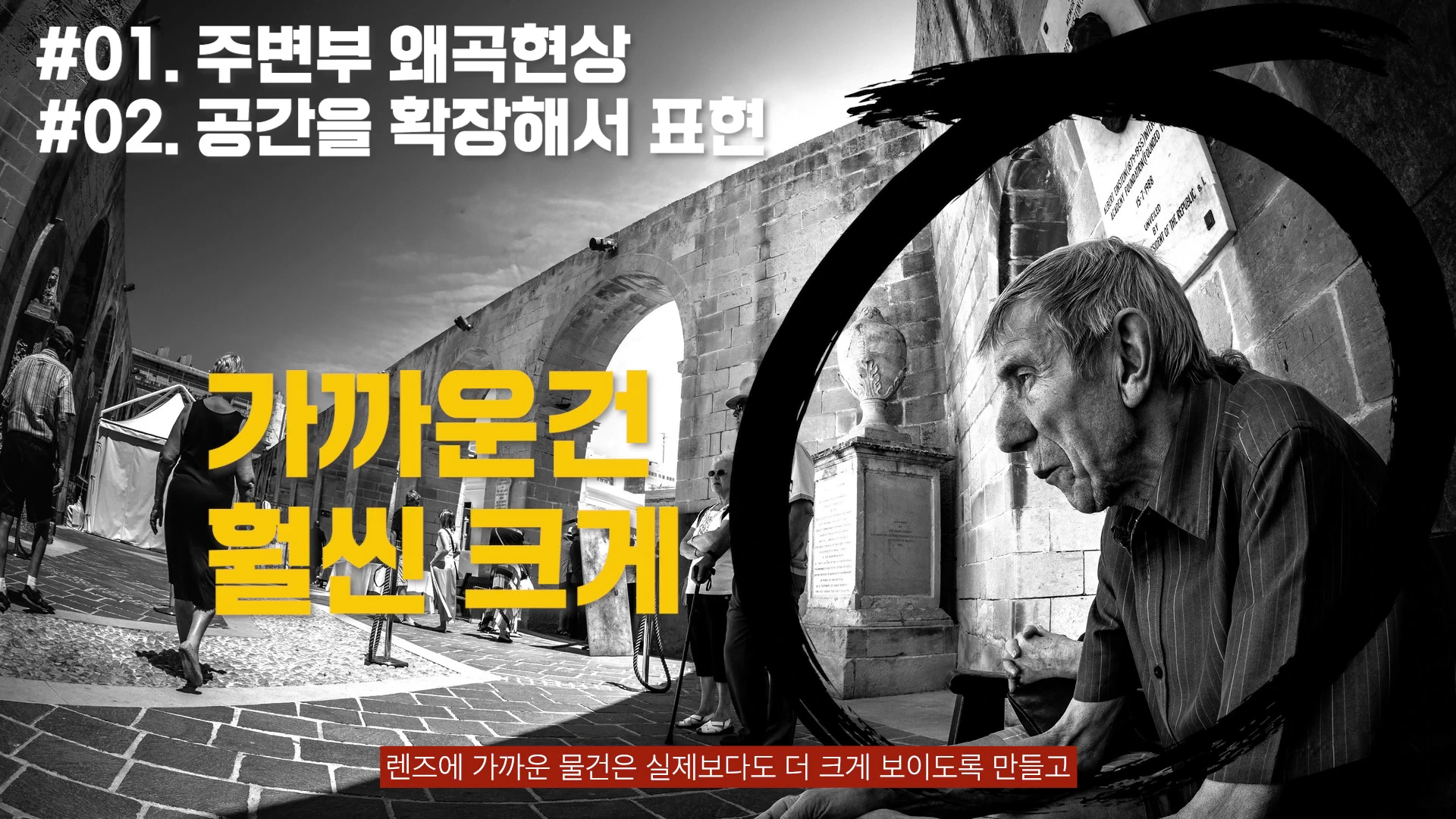 광각 렌즈의 특성을 설명하는 영상 화면으로, 흑백 사진 속 앉아 있는 노인과 주변 배경 위에 노란색 자막과 검은색 원형 그래픽이 겹쳐져 있다.