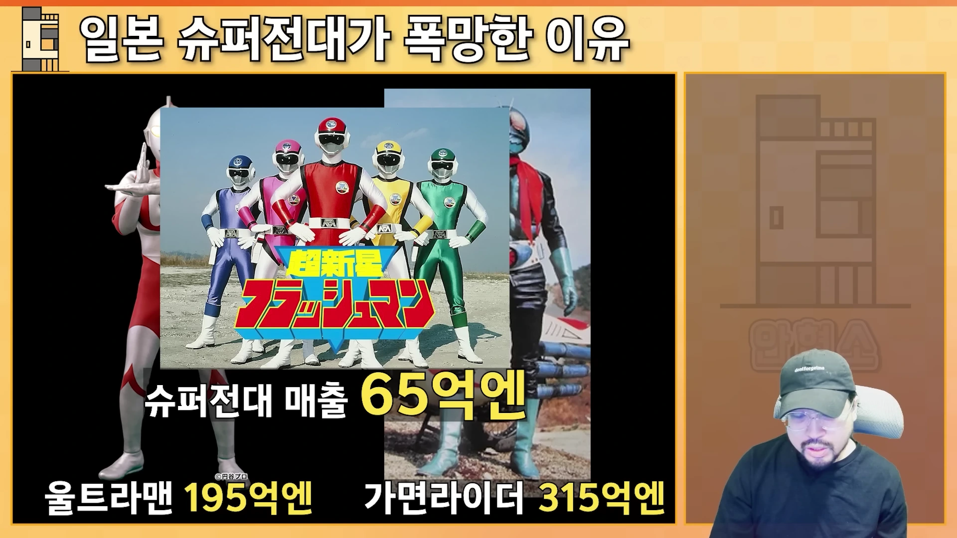 화면 하단에 야구 모자를 쓴 남성이 출연하고 있으며, 위쪽에는 울트라맨과 가면라이더, 슈퍼전대 시리즈의 이미지와 함께 각 시리즈의 연간 매출액이 적힌 그래픽이 배치되어 있다.