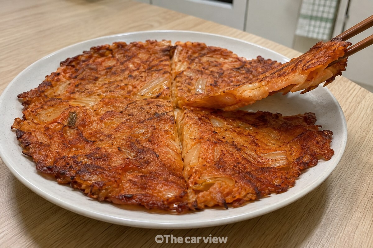 얇게 부친 김치전 한 조각을 들어 바삭한 가장자리와 속을 보여 주는 완성 장면 / 기사 이해를 돕기 위한 생성형 이미지