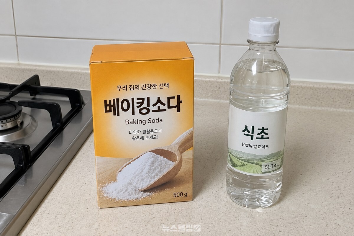가스레인지 옆 조리대에 베이킹소다 상자와 투명한 식초 병을 나란히 놓고, 아직 어느 것도 열지 않은 상태다. / 기사 이해를 돕기 위한 생성형 이미지