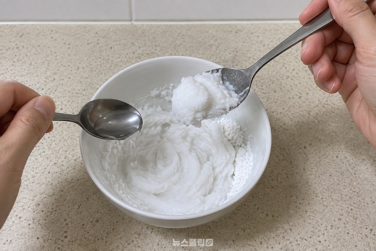 그릇에 담은 베이킹소다에 작은술로 물을 조금씩 부어 숟가락으로 되직하게 개고 있다. / 기사 이해를 돕기 위한 생성형 이미지