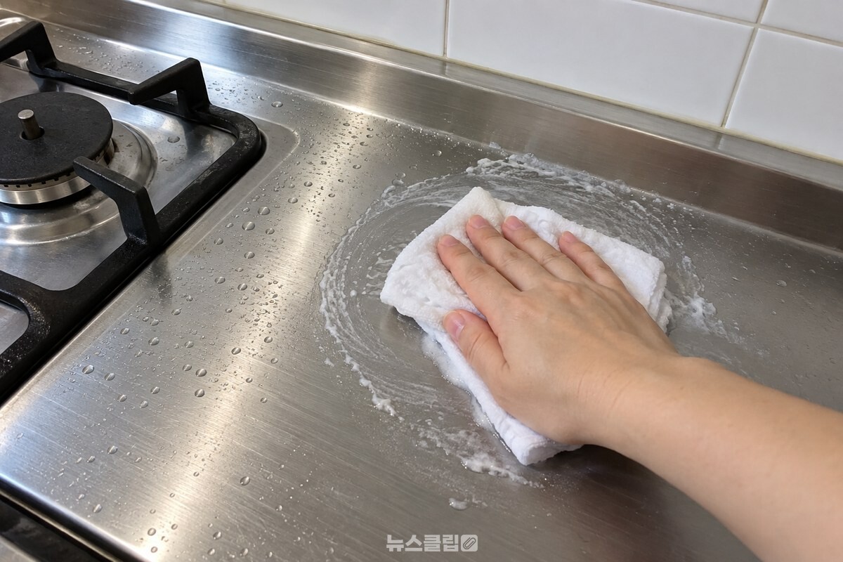 물에 적신 행주를 손바닥으로 눌러 가스레인지 옆면의 베이킹소다를 원을 그리듯 닦아 내고 있다. / 기사 이해를 돕기 위한 생성형 이미지