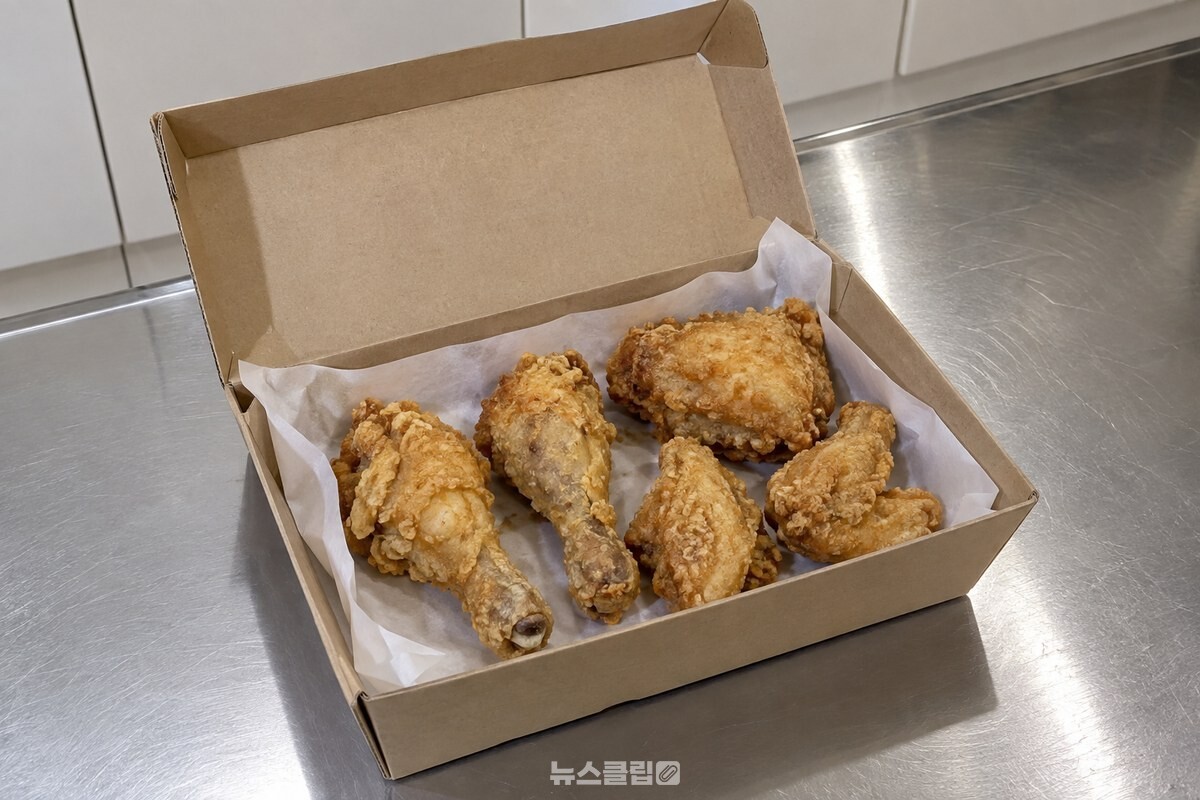 주방 조리대 위에 열어 둔 배달 치킨 종이상자와 그 안에 남은 후라이드 치킨 조각들. / 기사 이해를 돕기 위한 생성형 이미지