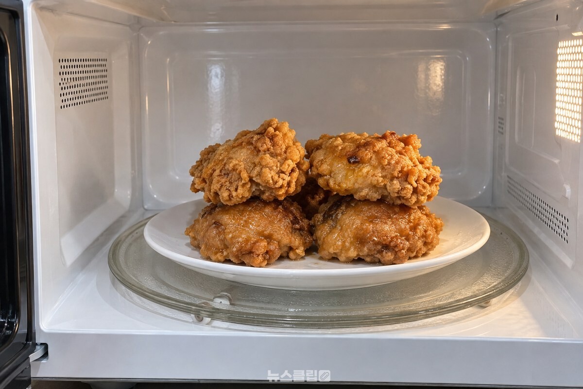 전자레인지 안 접시에 겹쳐 놓인 치킨 조각과 접시 가장자리에 맺힌 옅은 김. / 기사 이해를 돕기 위한 생성형 이미지