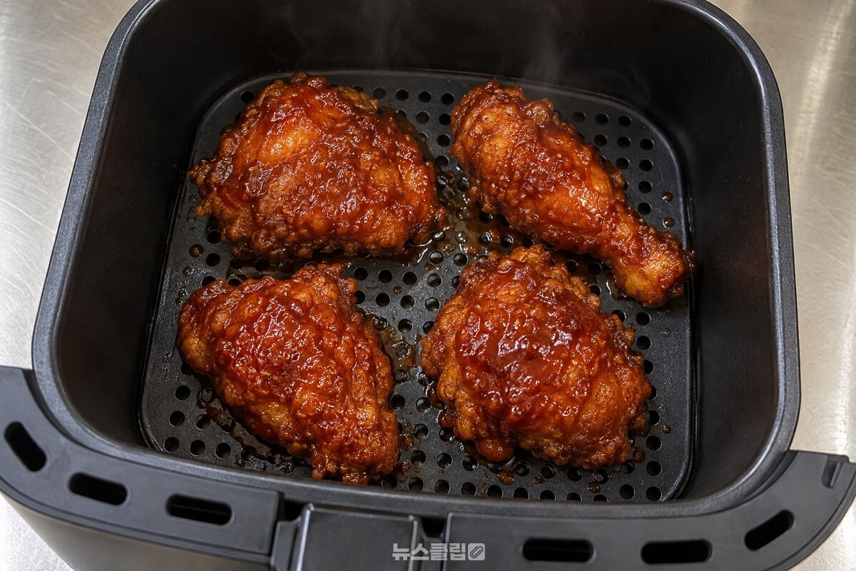 데운 직후 바스켓 안 양념치킨의 붉은 소스가 반들거리는 모습. / 기사 이해를 돕기 위한 생성형 이미지
