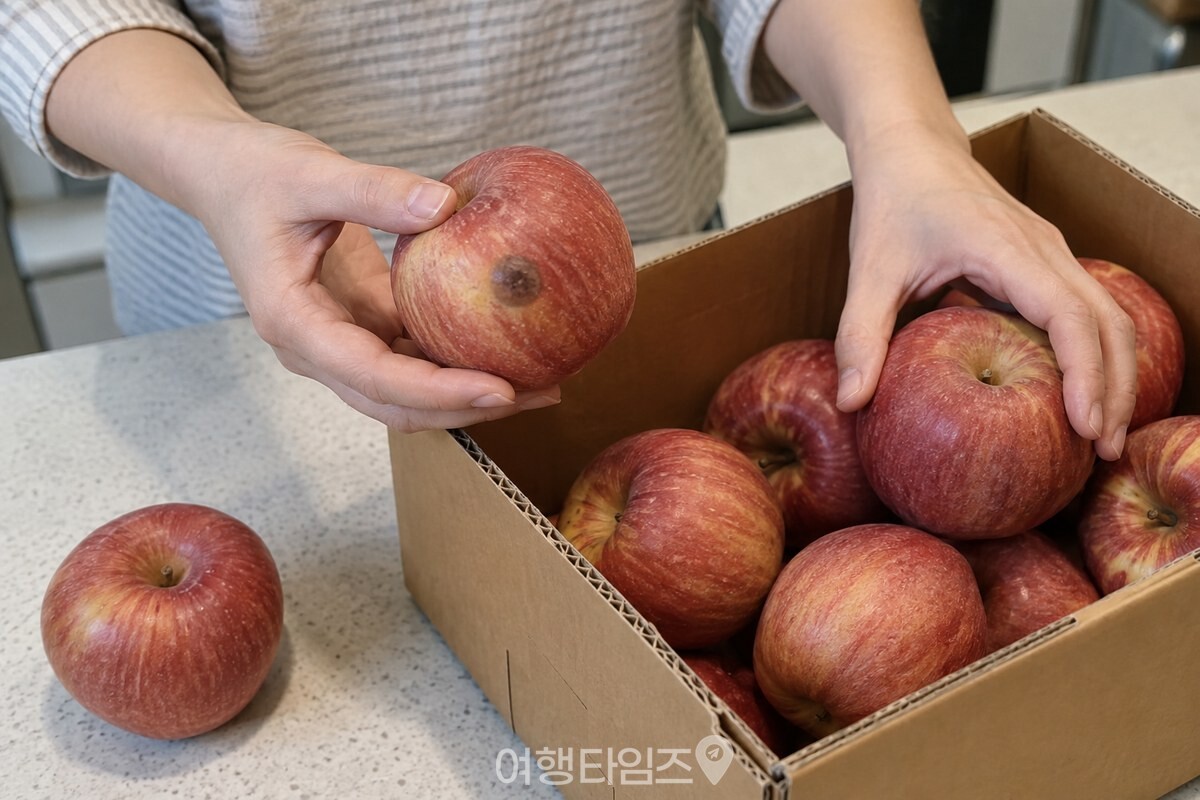 눌린 자국이 있는 사과를 먼저 골라내는 모습 / 기사 이해를 돕기 위한 생성형 이미지