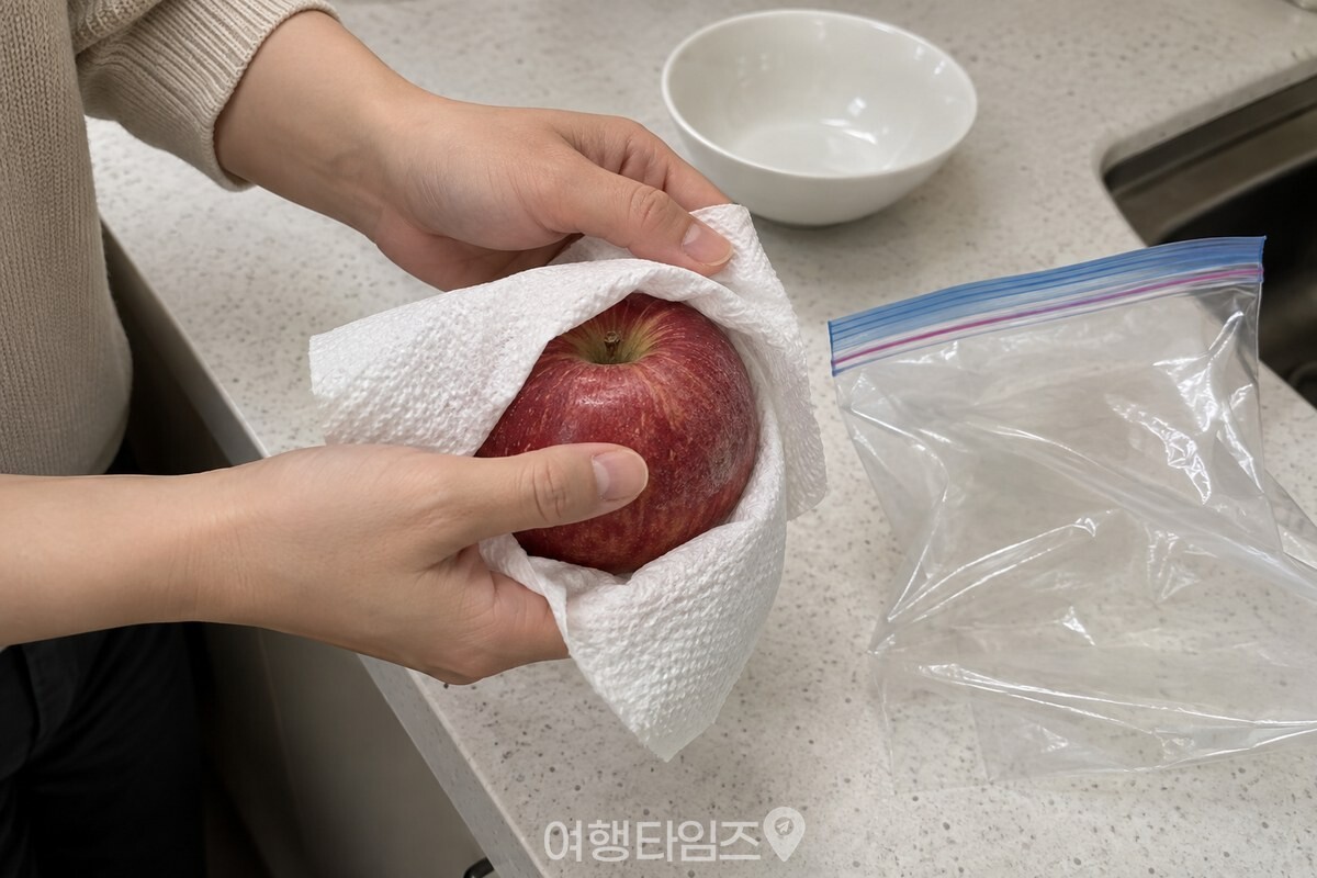 축축한 종이타월로 사과 한 알을 감싸는 모습 / 기사 이해를 돕기 위한 생성형 이미지