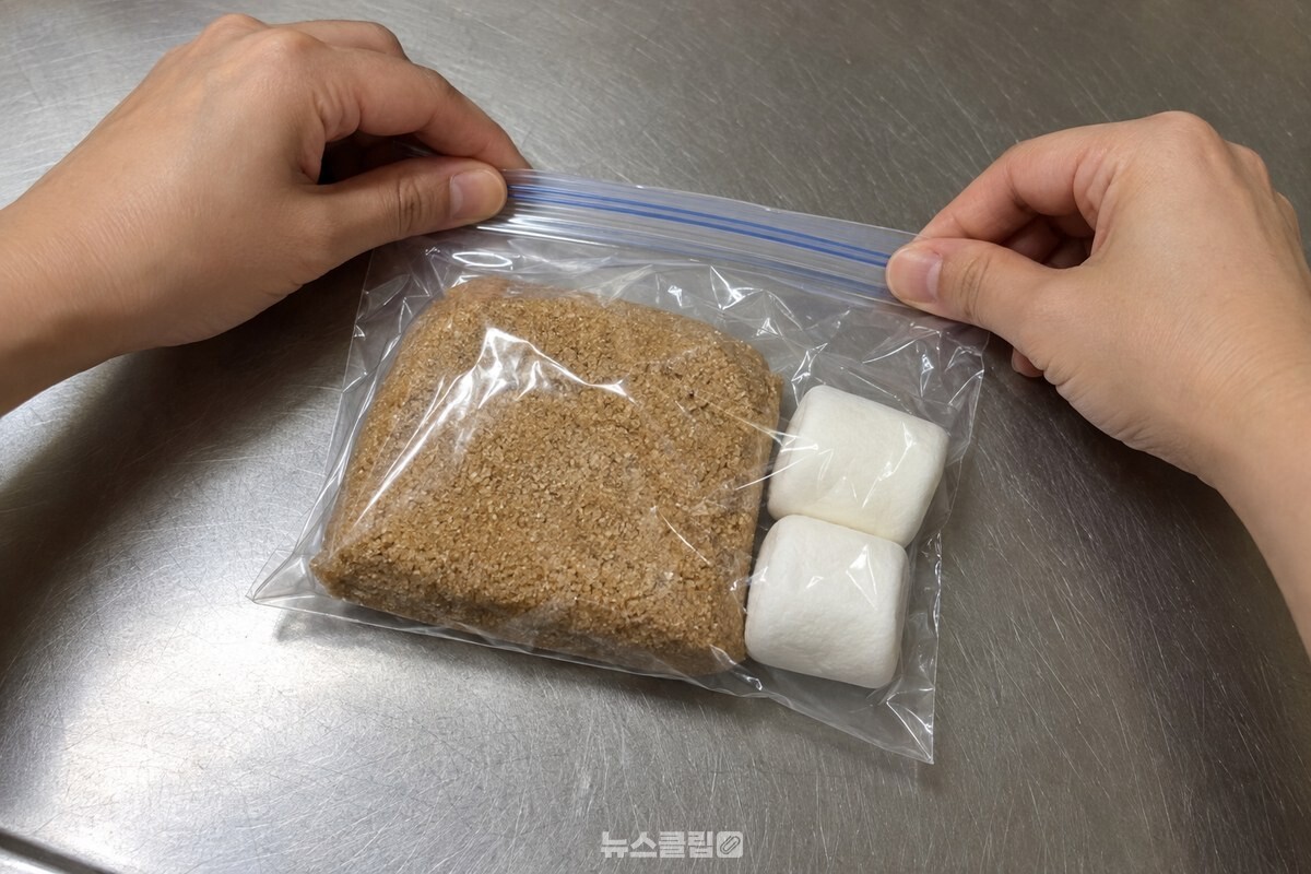 굳은 황설탕과 마시멜로 두 알을 함께 담은 지퍼백의 공기를 빼며 잠그고 있다. / 기사 이해를 돕기 위한 생성형 이미지