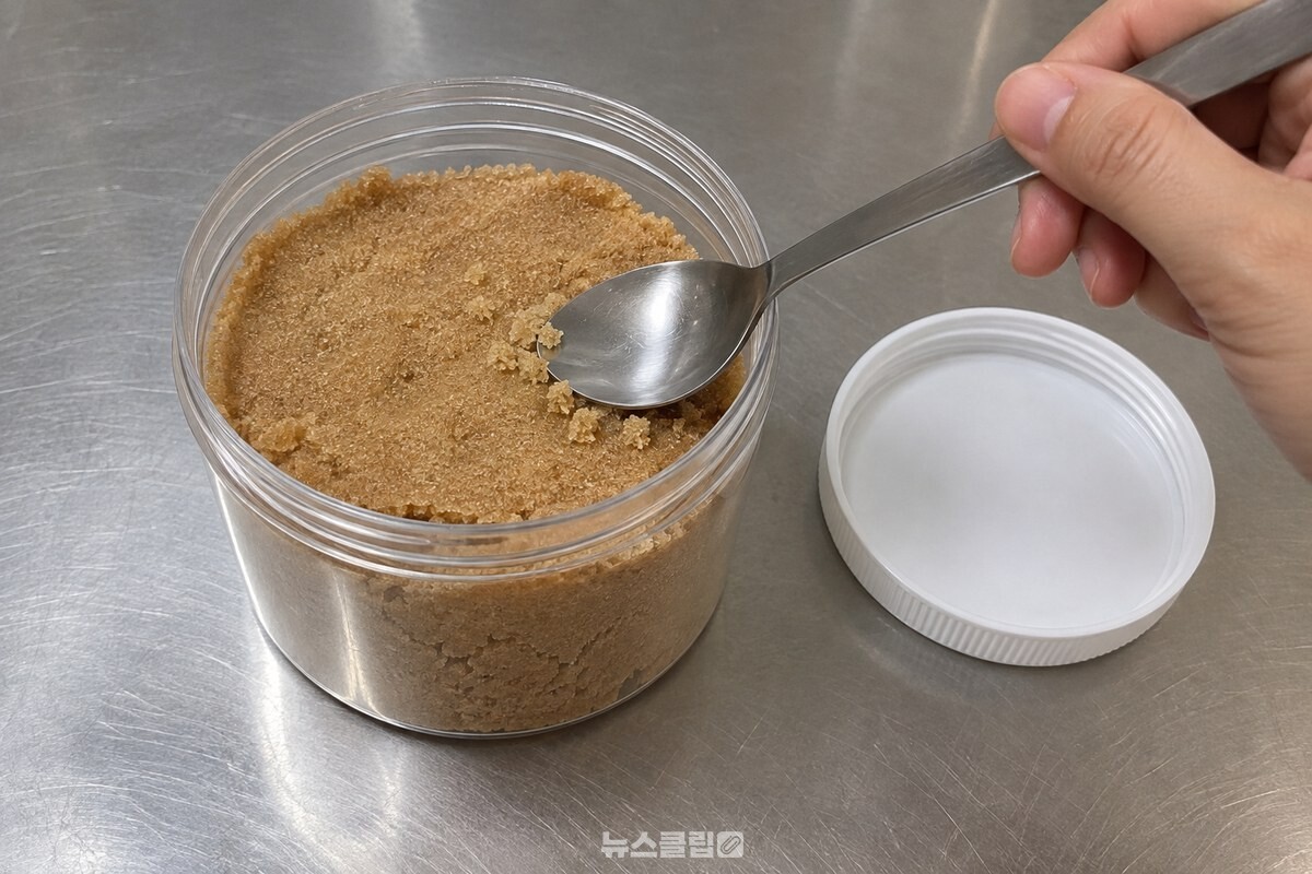 스테인리스 숟가락 끝이 굳은 황설탕 덩어리 표면에 닿아 있고 덩어리는 눌리지 않고 그대로다. / 기사 이해를 돕기 위한 생성형 이미지