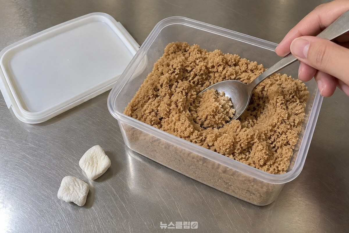 하루 지난 뒤 숟가락으로 누르자 황설탕 덩어리가 부슬부슬하게 풀려 있고, 쪼그라든 마시멜로 두 알은 옆에 꺼내 두었다. / 기사 이해를 돕기 위한 생성형 이미지
