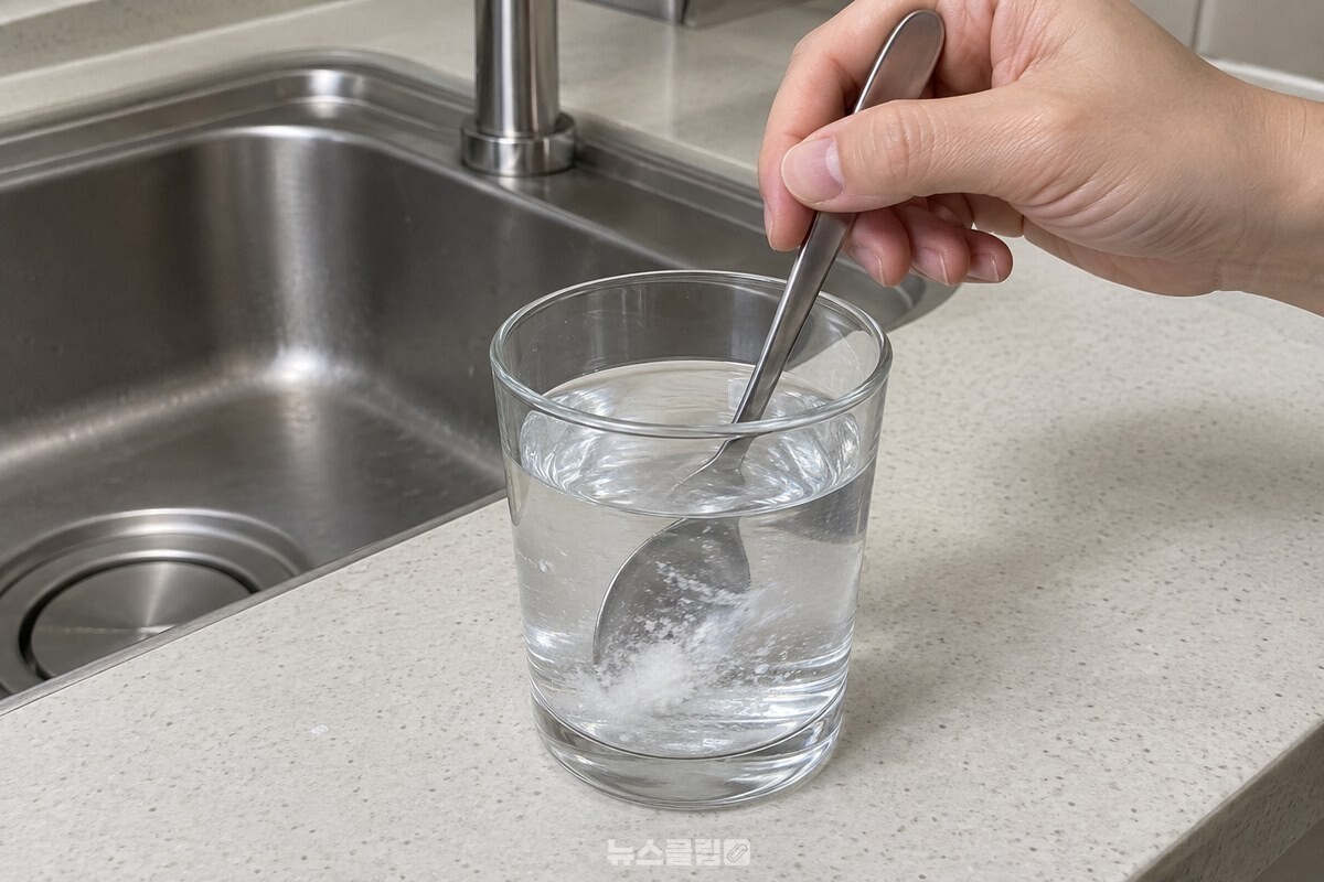 미지근한 물이 담긴 유리컵에 탄산소다를 넣고 숟가락으로 저어 녹이는 모습. / 기사 이해를 돕기 위한 생성형 이미지