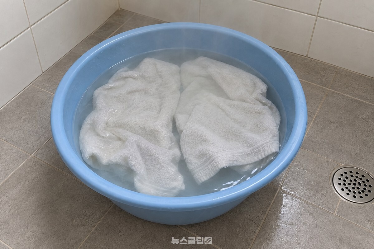 욕실 바닥의 파란 플라스틱 대야에 따뜻한 물을 받고 흰 수건을 펼쳐 담근 모습. / 기사 이해를 돕기 위한 생성형 이미지