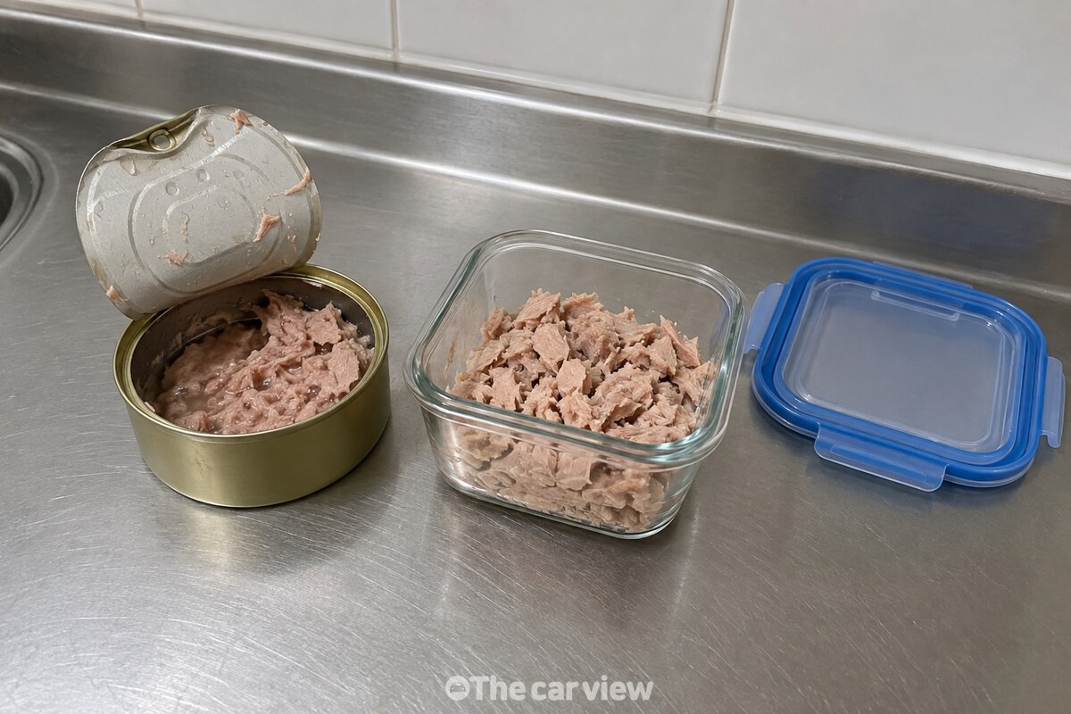 뚜껑을 딴 참치캔 옆에 남은 참치를 옮겨 담은 작은 유리 밀폐용기가 놓여 있다. / 기사 이해를 돕기 위한 생성형 이미지